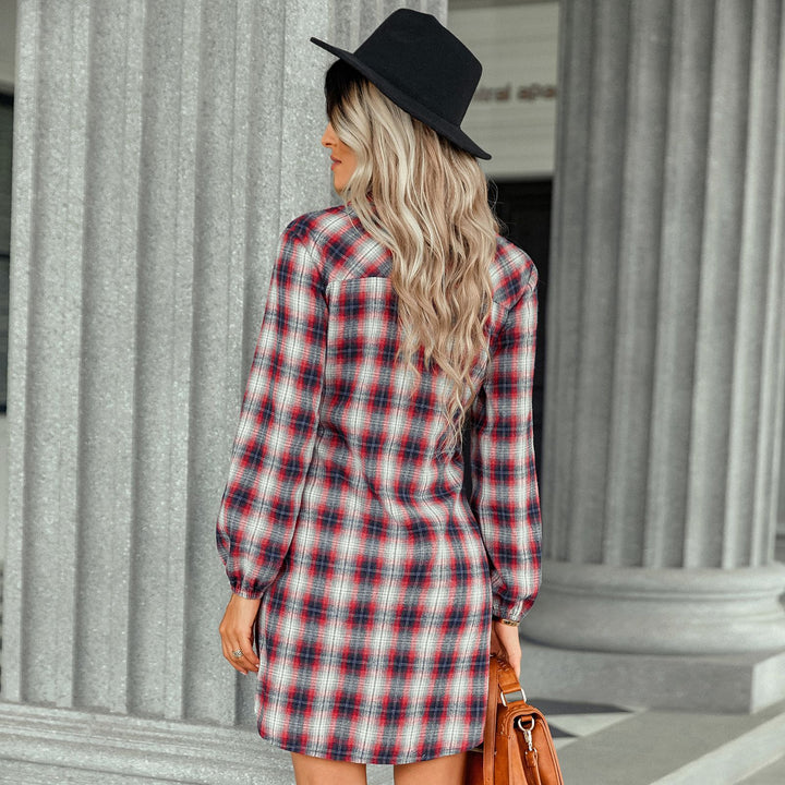 Women's Tie-Up Waist Shirt Plaid Dress - Phantomshop21