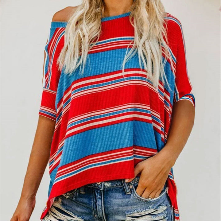 Women's Fashion Contrast Color Striped Top T-Shirt Irregular Loose - Phantomshop21