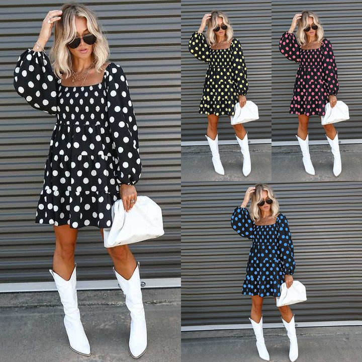 Women's Polka Dot Print Square Neck Lantern Long Sleeve Panel Casual Dress - Phantomshop21