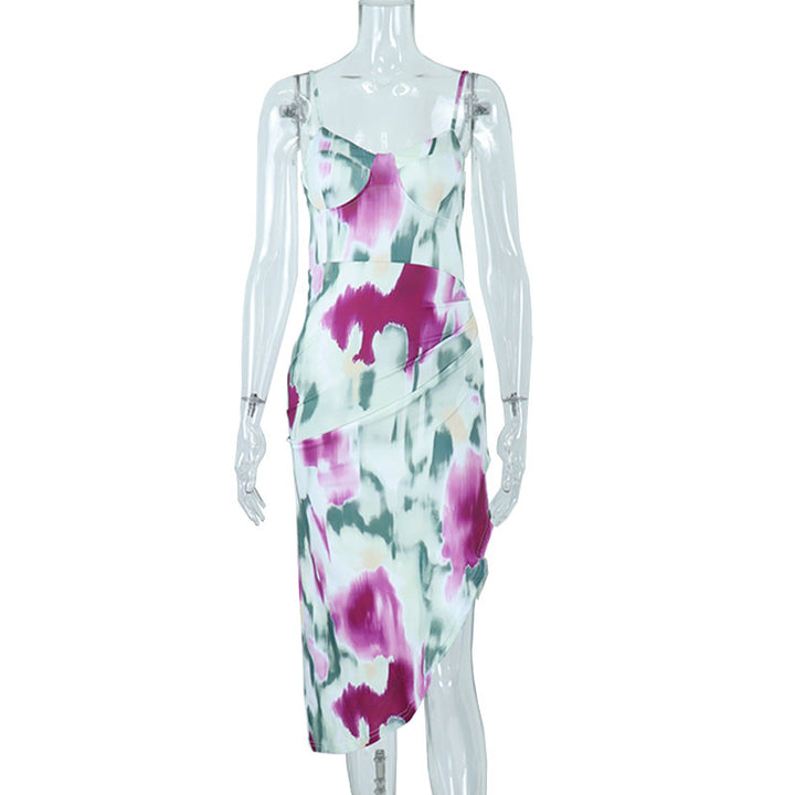 Pullover Irregular Hem Pleated Print High Waist Suspender Dress Trend - Phantomshop21