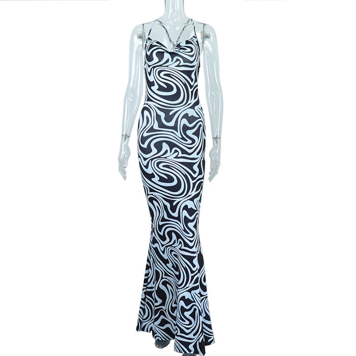 Digital Printing Swing Collar Long Dress With Suspender Dress - Phantomshop21