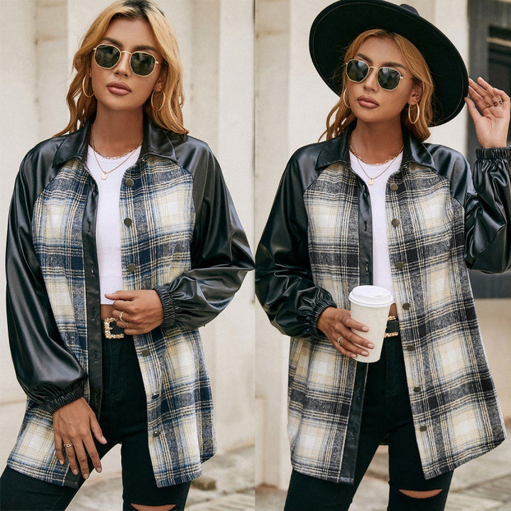 Long Sleeve Loose Panel Casual Double Pocket Check Jacket - Phantomshop21