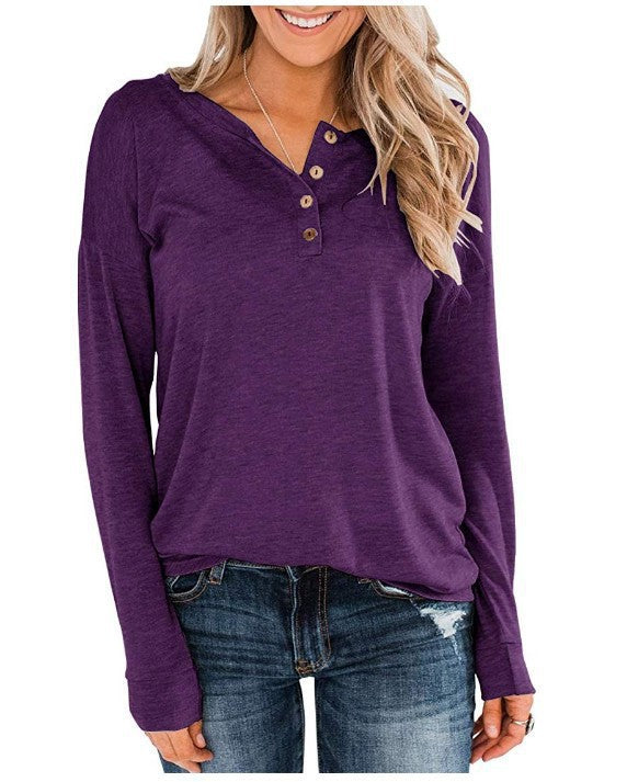 Solid Color Knit Long Sleeve Crew Neck Pullover Button Top T-Shirt - Phantomshop21