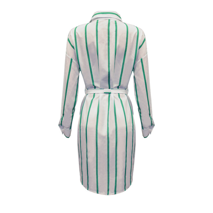 Fashion Striped Printed Long Sleeve Lace Up Casual Shirt Dress Women - Phantomshop21